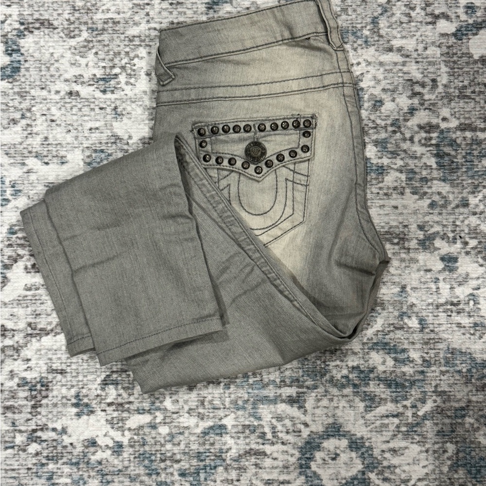 True Religion Women's Straight Leg Jeans in Gray with Studded Pocket